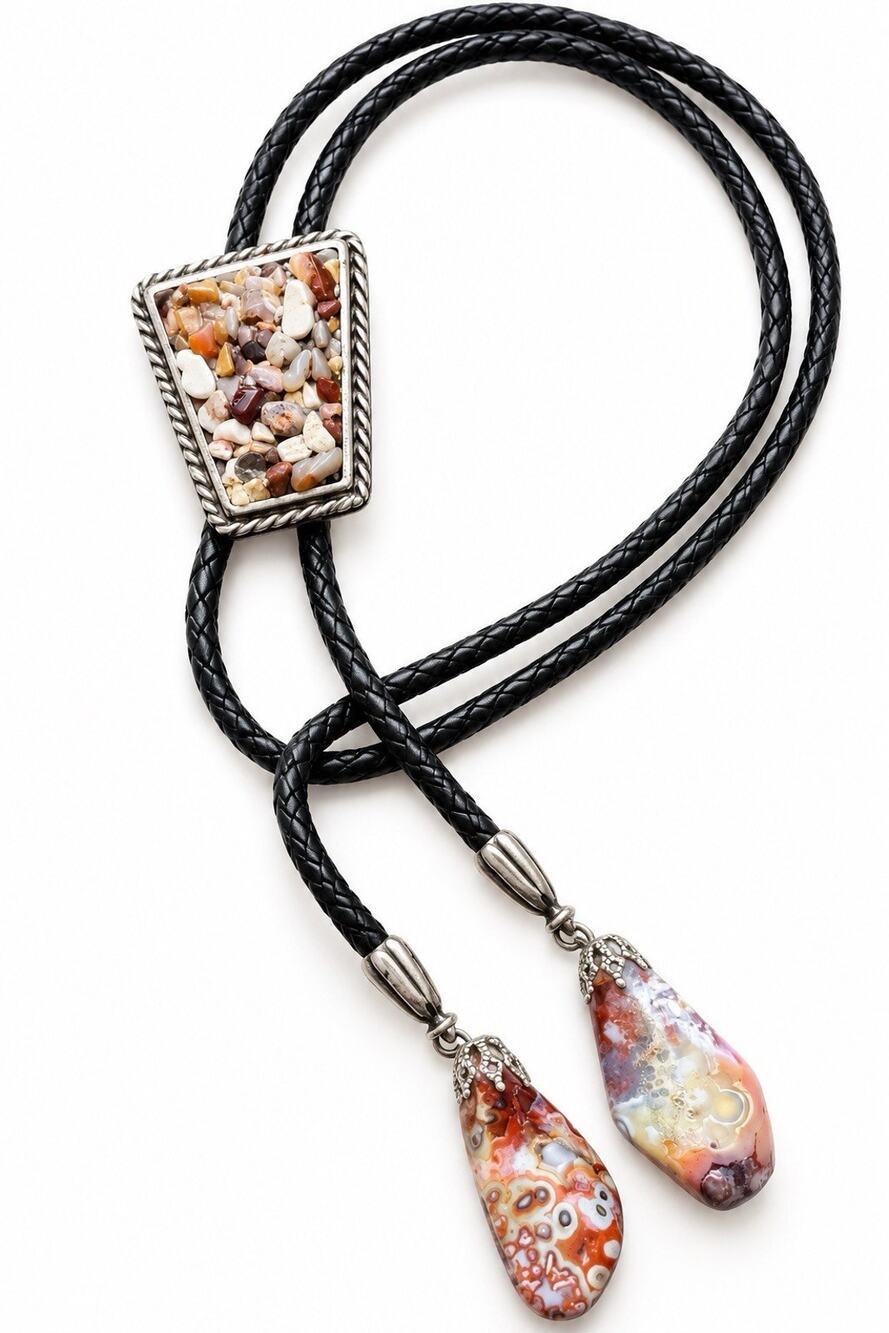 Vtg Agate Stone Bolo Tie Jasper Dangles Black Leather Cord Western Handmade